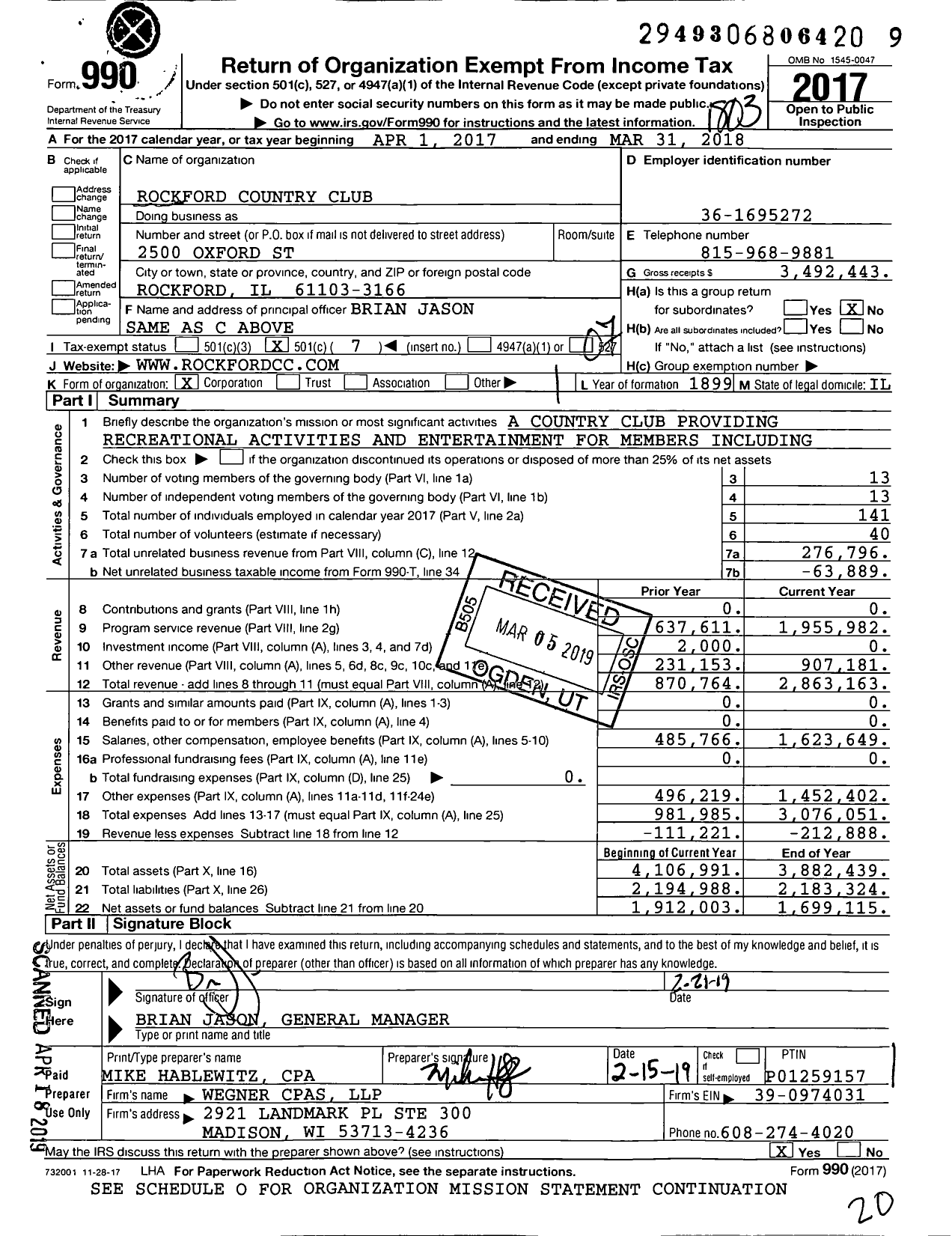 Image of first page of 2017 Form 990O for Rockford Country Club