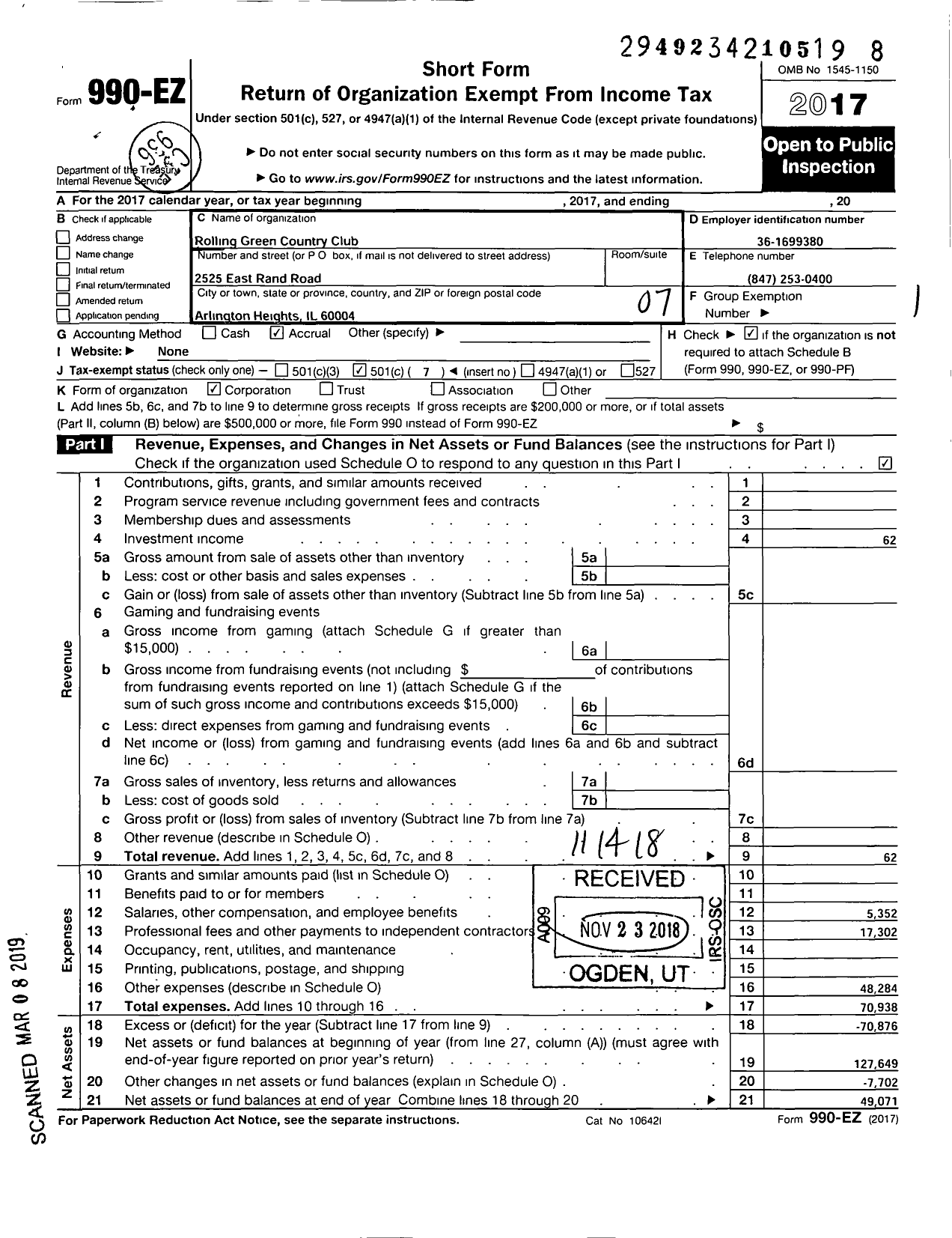 Image of first page of 2017 Form 990EO for Rolling Green Country Club