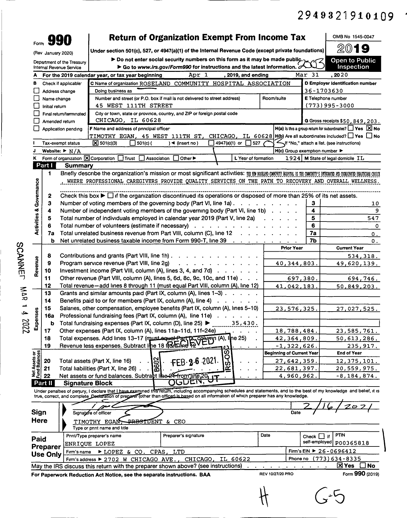 Image of first page of 2019 Form 990 for Roseland Community Hospital