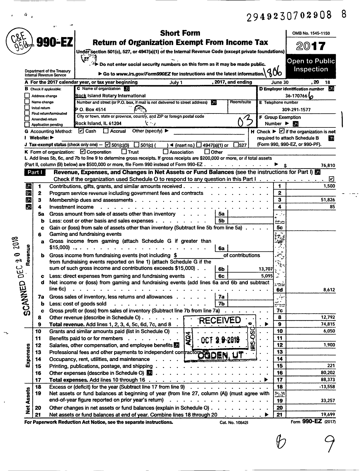 Image of first page of 2017 Form 990EZ for Rock Island Rotary Club Foundation