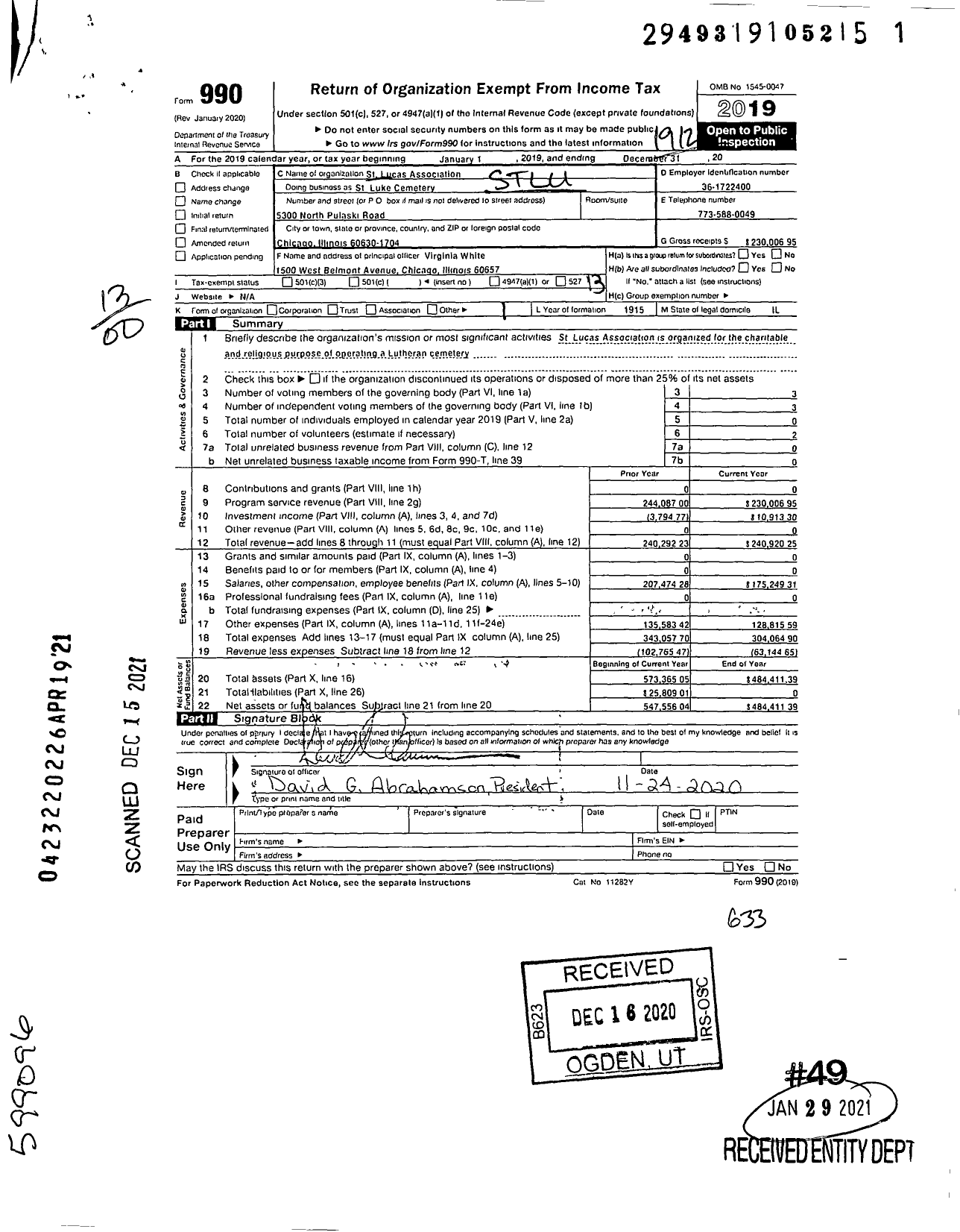 Image of first page of 2019 Form 990O for St Luke Cemetery