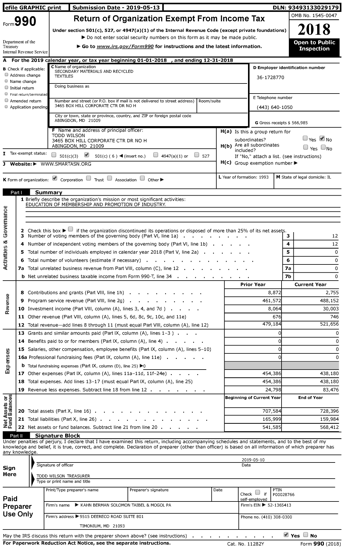 Image of first page of 2018 Form 990 for Secondary Materials and Recycled Textiles