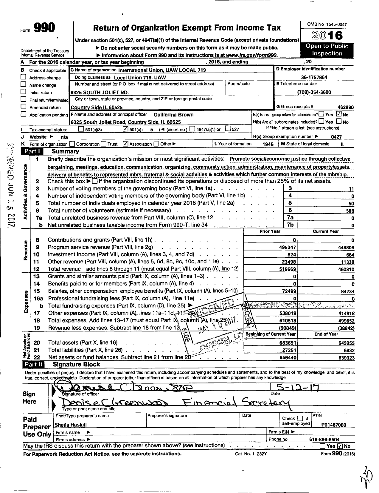 Image of first page of 2016 Form 990O for International Union UAW Local 719