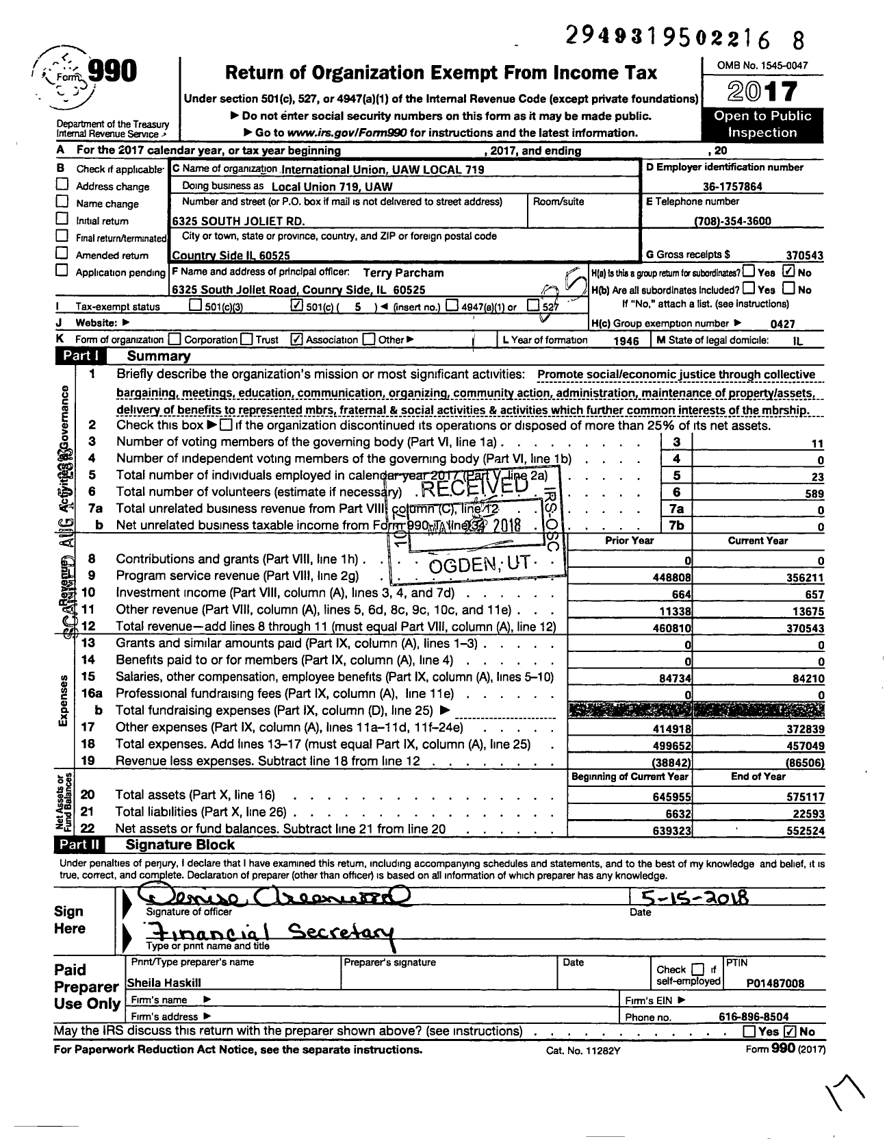 Image of first page of 2017 Form 990O for International Union UAW Local 719