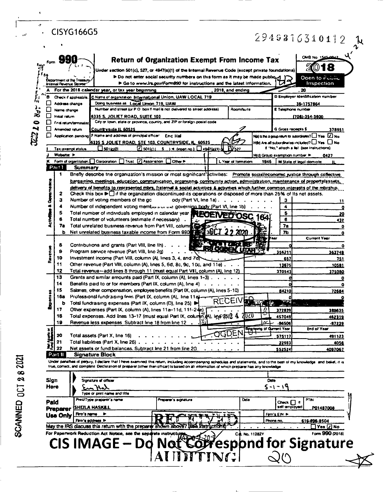 Image of first page of 2018 Form 990O for International Union UAW Local 719