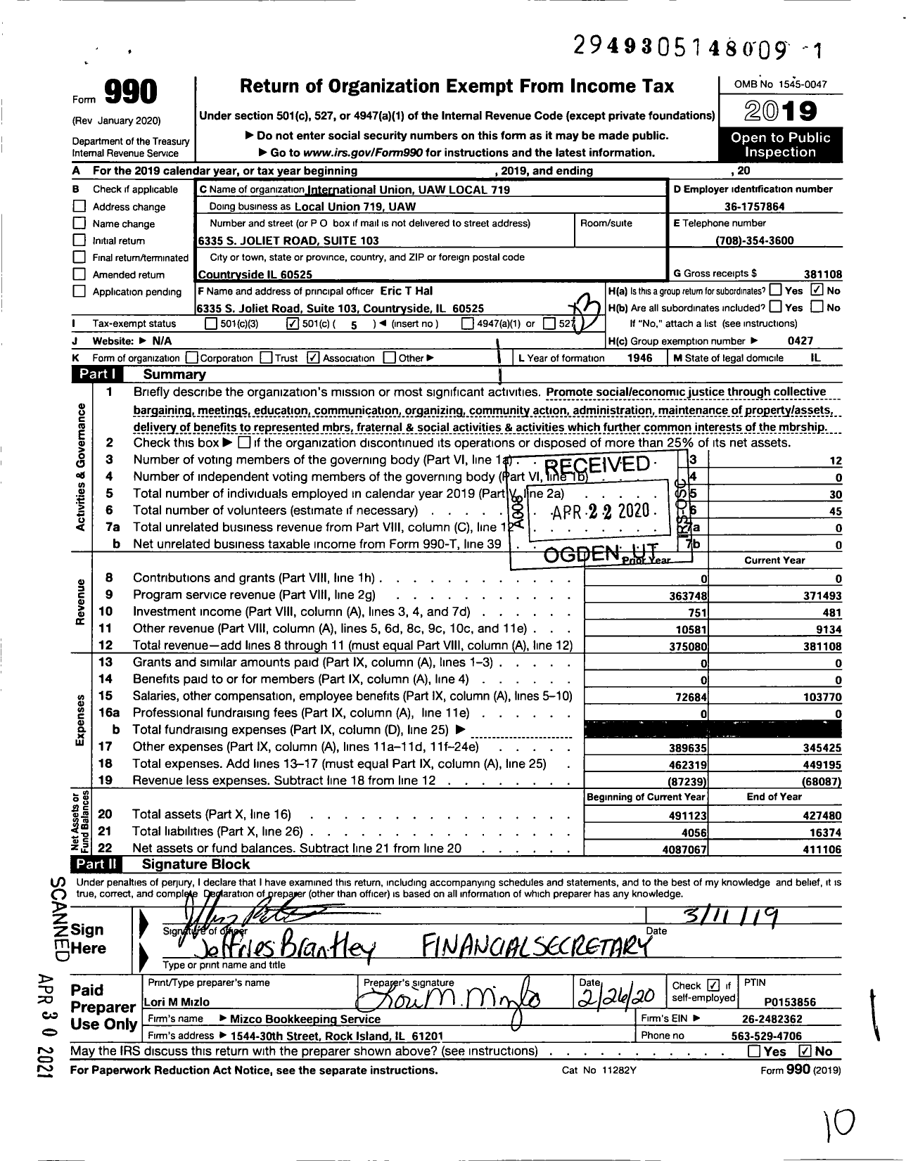 Image of first page of 2019 Form 990 for International Union UAW Local 719