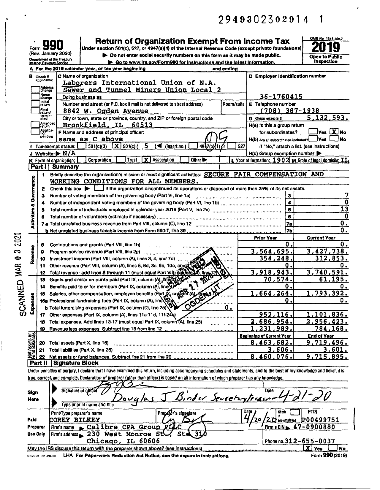 Image of first page of 2019 Form 990O for Laborers' International Union of North America - 2 Local Union