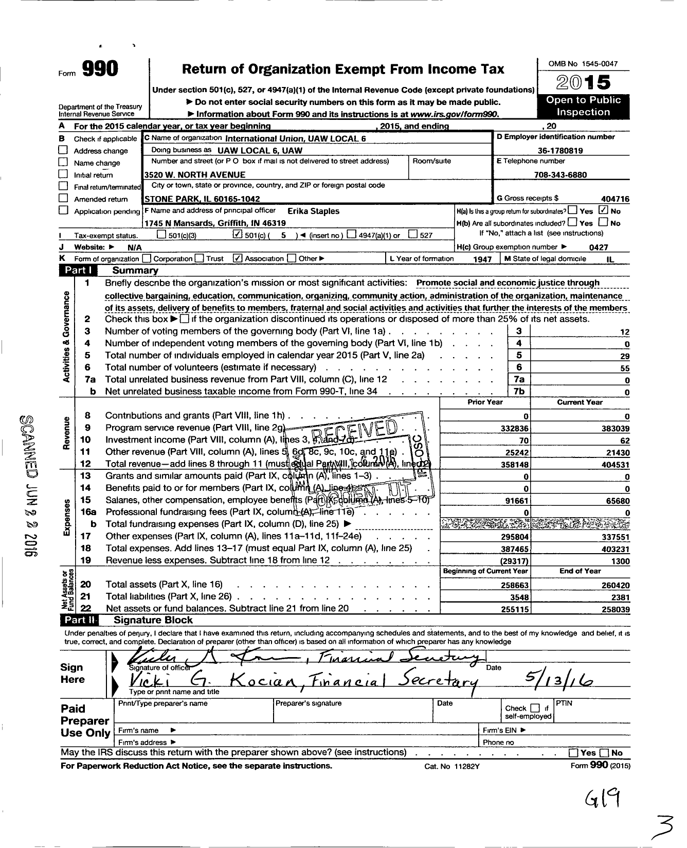 Image of first page of 2015 Form 990O for INTERNATIONAL Union UAW Local 6