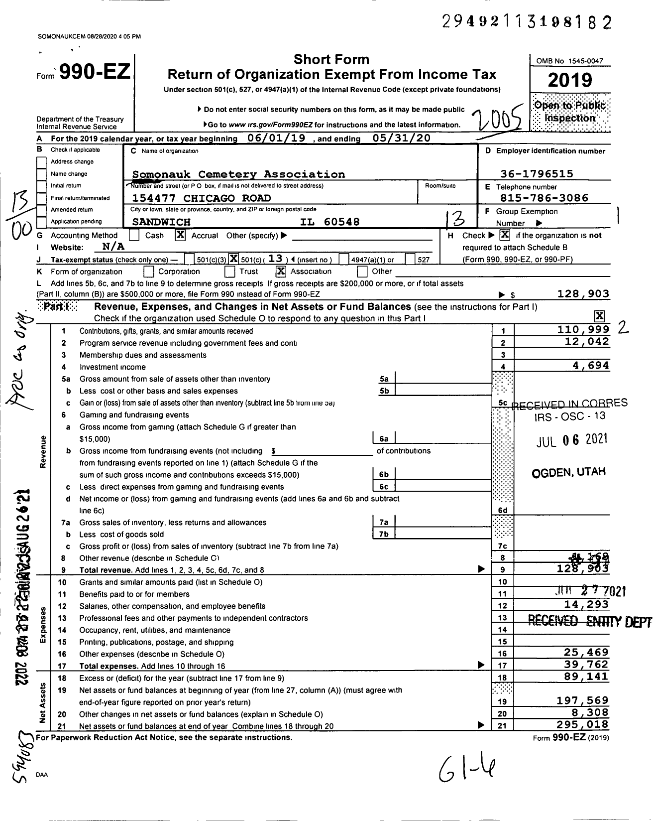 Image of first page of 2019 Form 990EO for Somonauk Cemetery Association