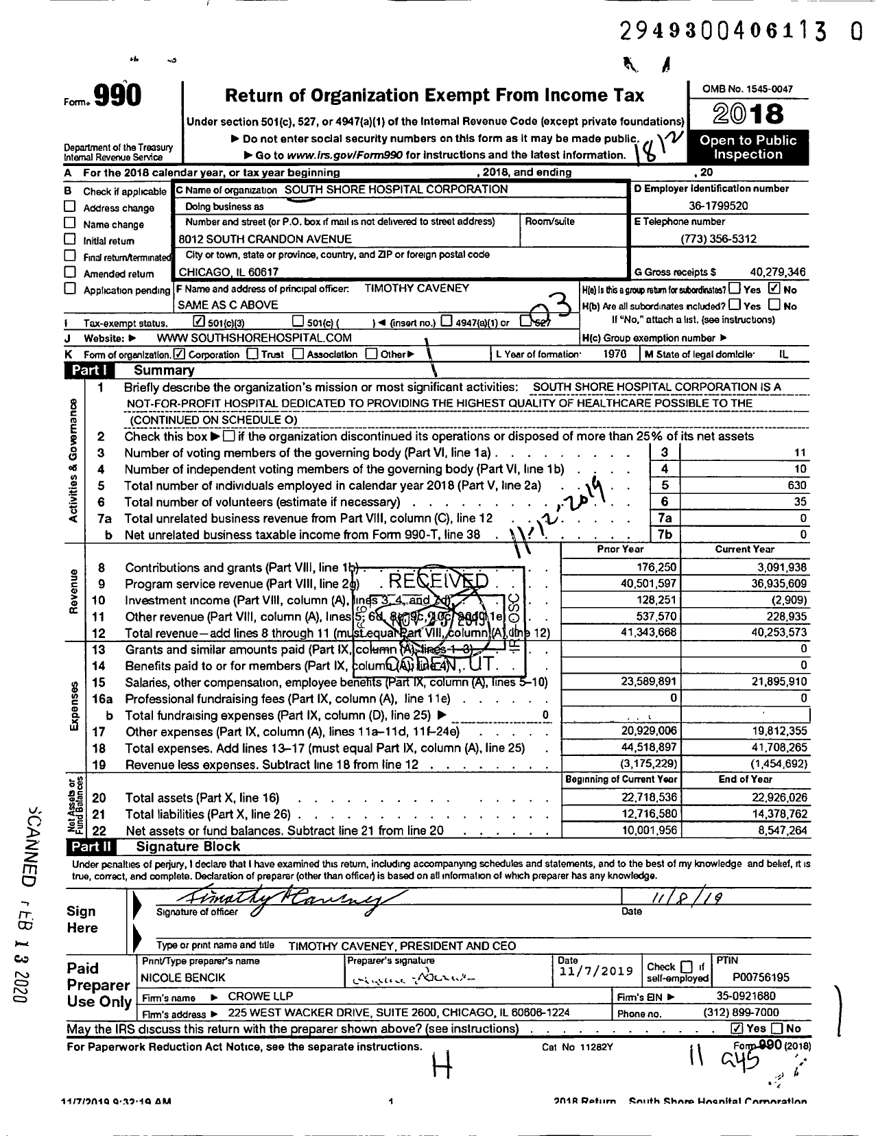 Image of first page of 2018 Form 990 for South Shore Hospital Corporation