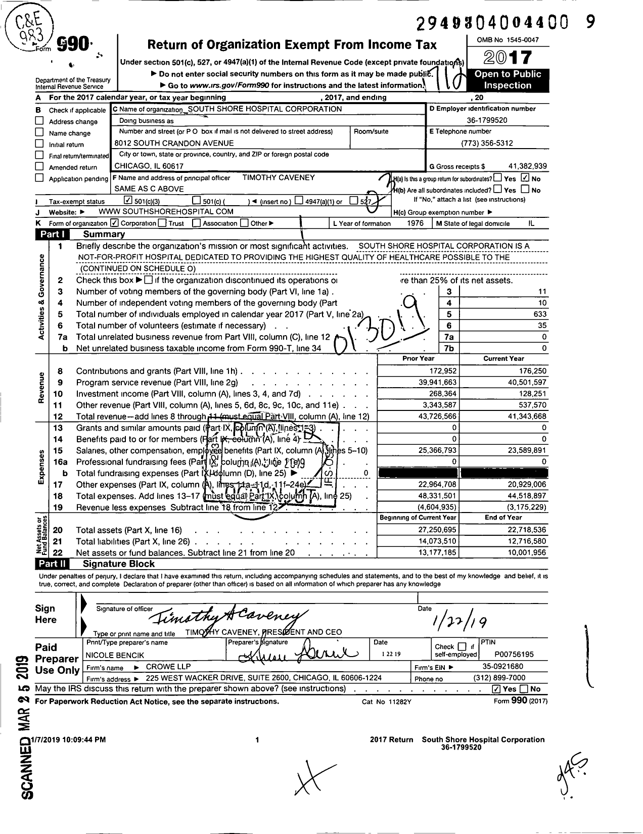 Image of first page of 2017 Form 990 for South Shore Hospital Corporation