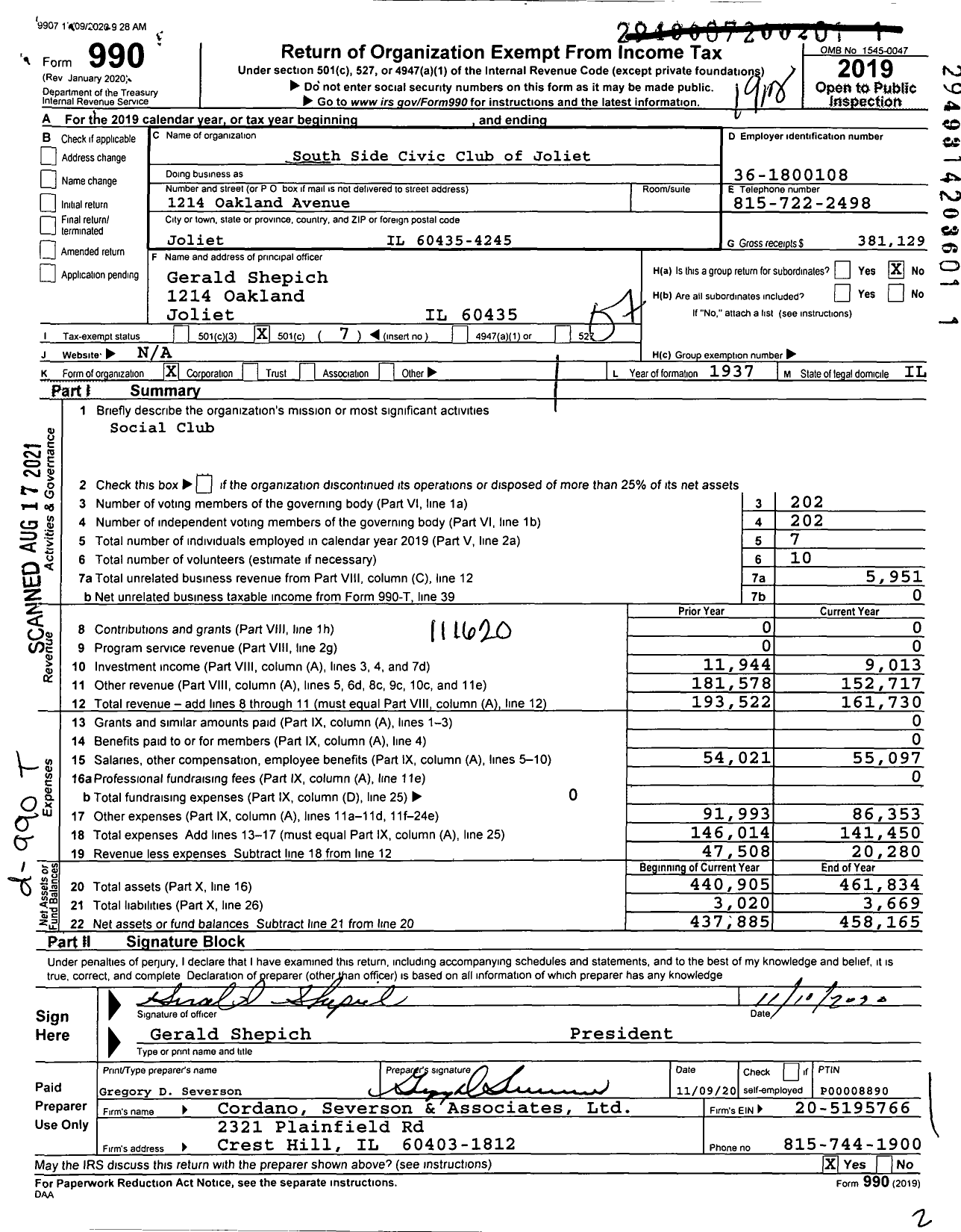 Image of first page of 2019 Form 990O for South Side Civic Club of Joliet