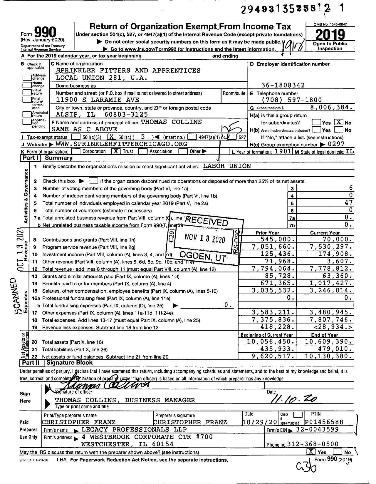 Image of first page of 2019 Form 990O for United Association - Sprinkler Fitters Union 281