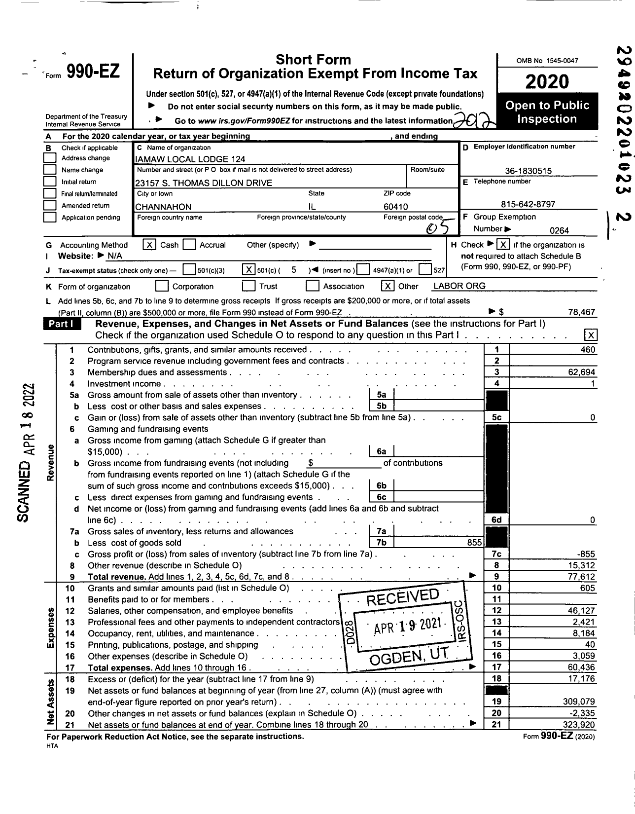 Image of first page of 2020 Form 990EO for International Association of Machinists and Aerospace Workers - 124