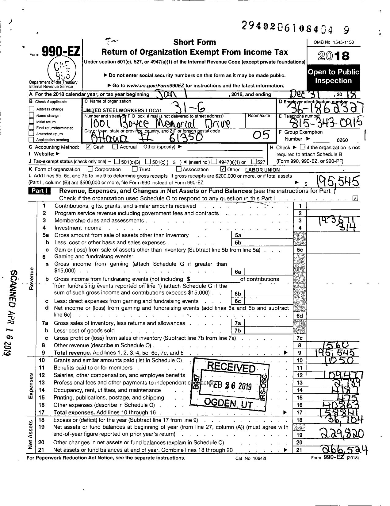 Image of first page of 2018 Form 990EO for United Steelworkers - 00031 Local