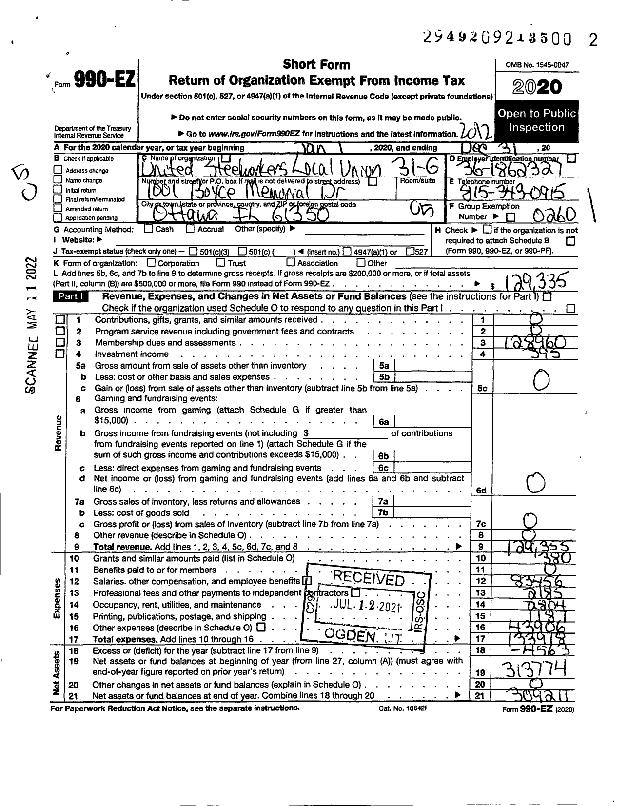 Image of first page of 2020 Form 990EO for United Steelworkers - 00031 Local