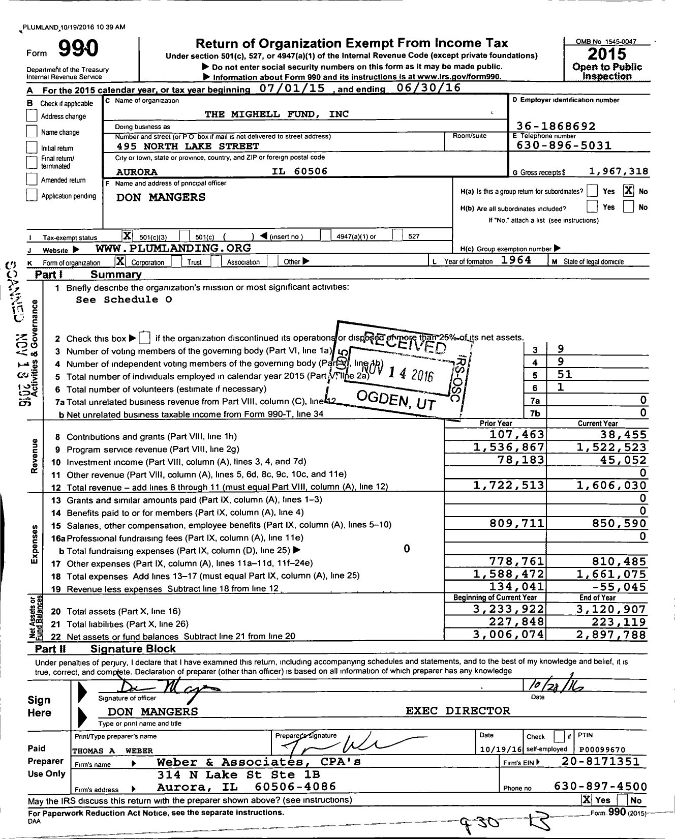 Image of first page of 2015 Form 990 for The Mighell Fund