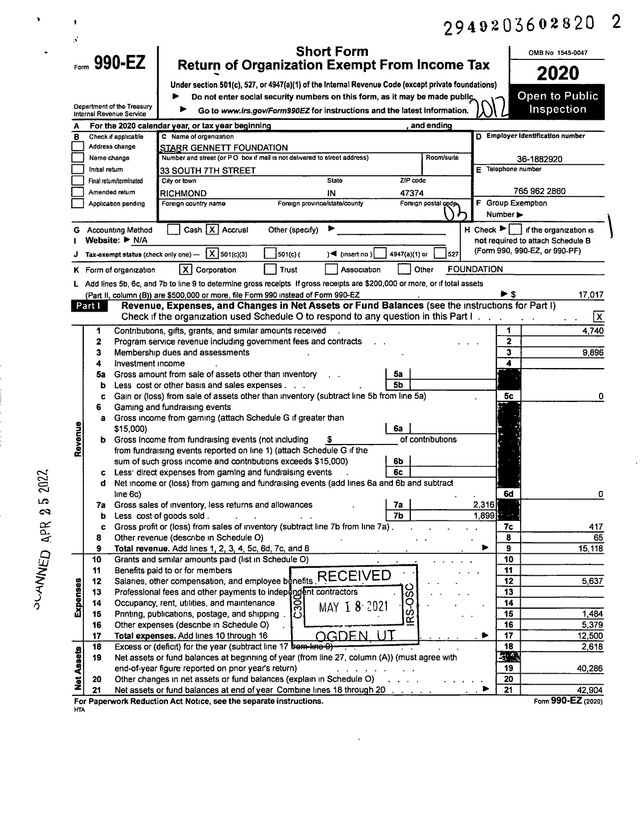 Image of first page of 2020 Form 990EZ for Starr Gennett Foundation