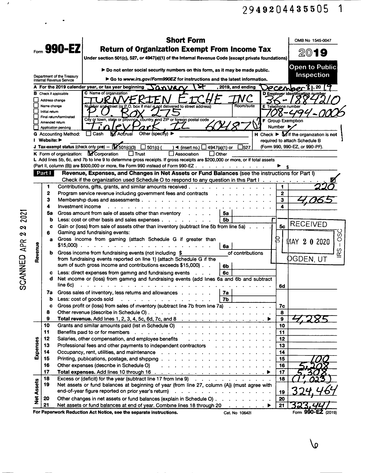 Image of first page of 2019 Form 990EZ for Turnverein Eiche