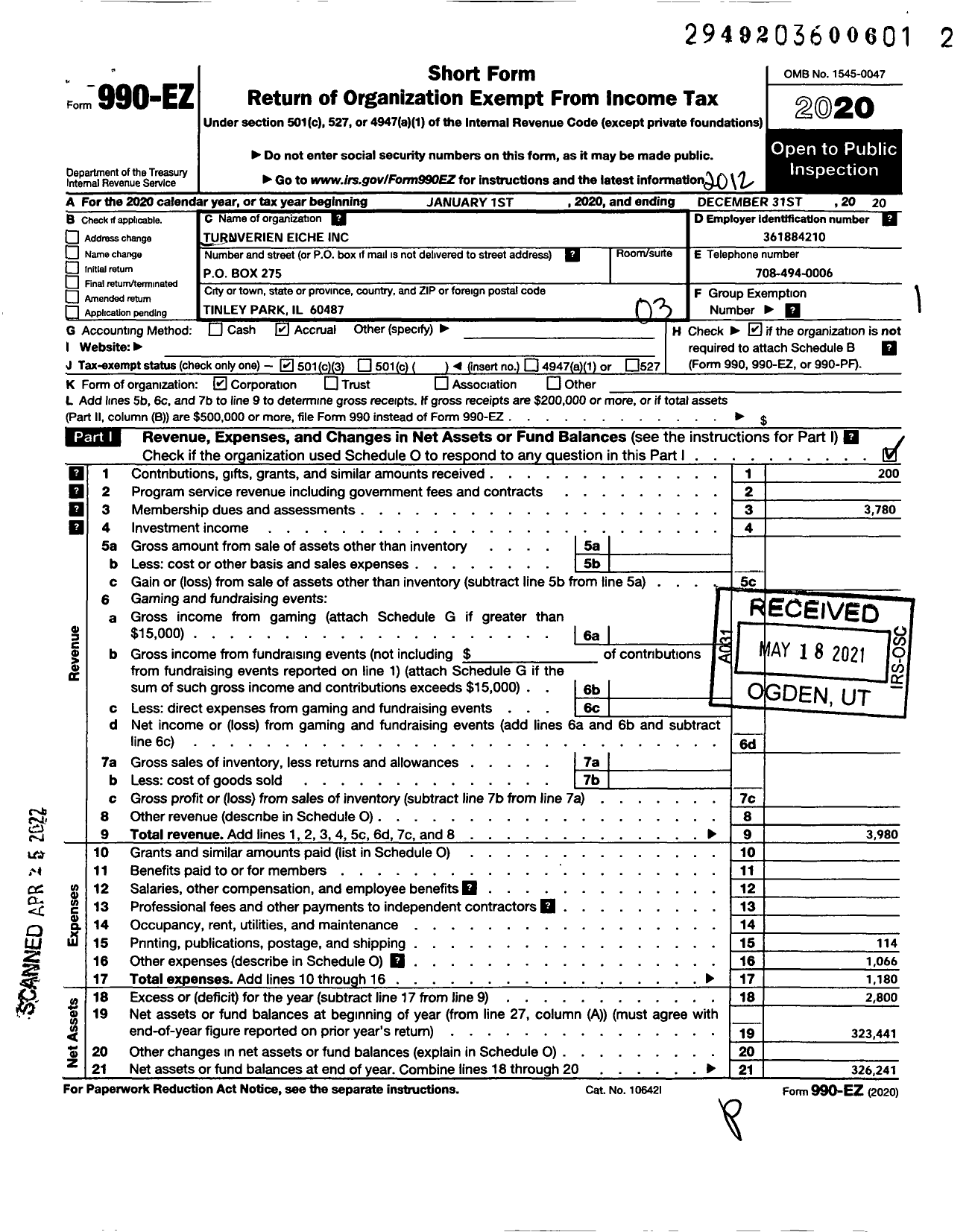 Image of first page of 2020 Form 990EZ for Turnverein Eiche