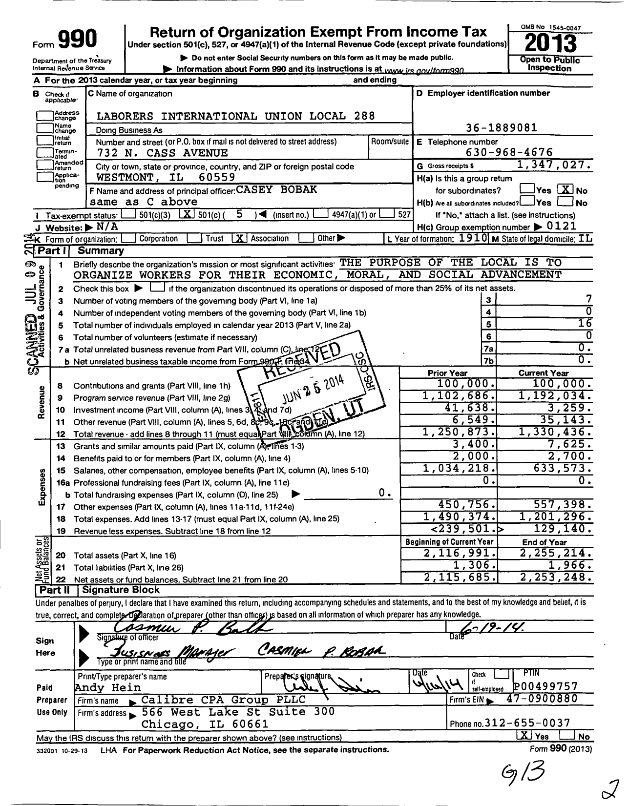 Image of first page of 2013 Form 990O for Laborers' International Union of North America - 288 Local Union