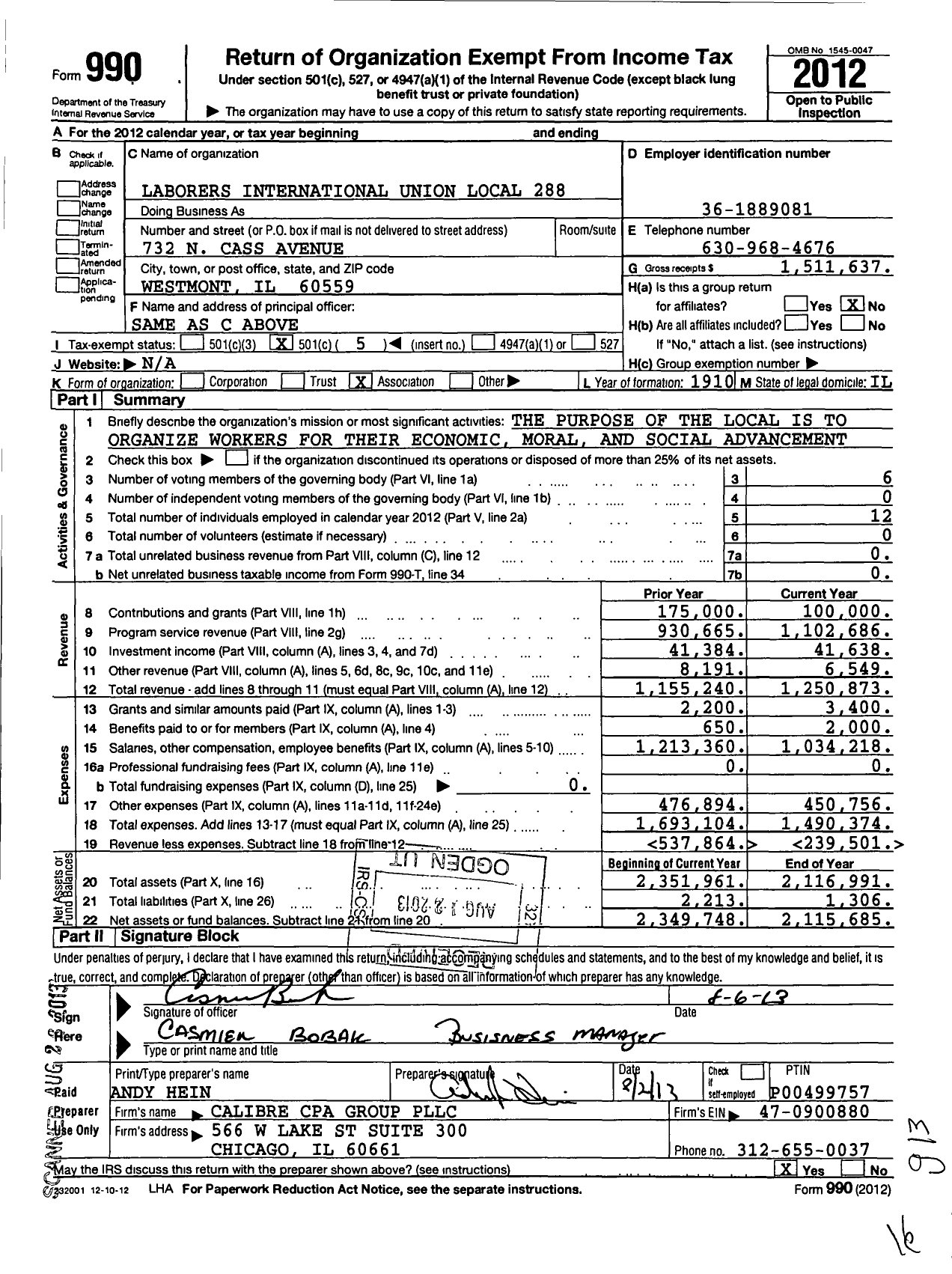 Image of first page of 2012 Form 990O for Laborers' International Union of North America - 288 Local Union