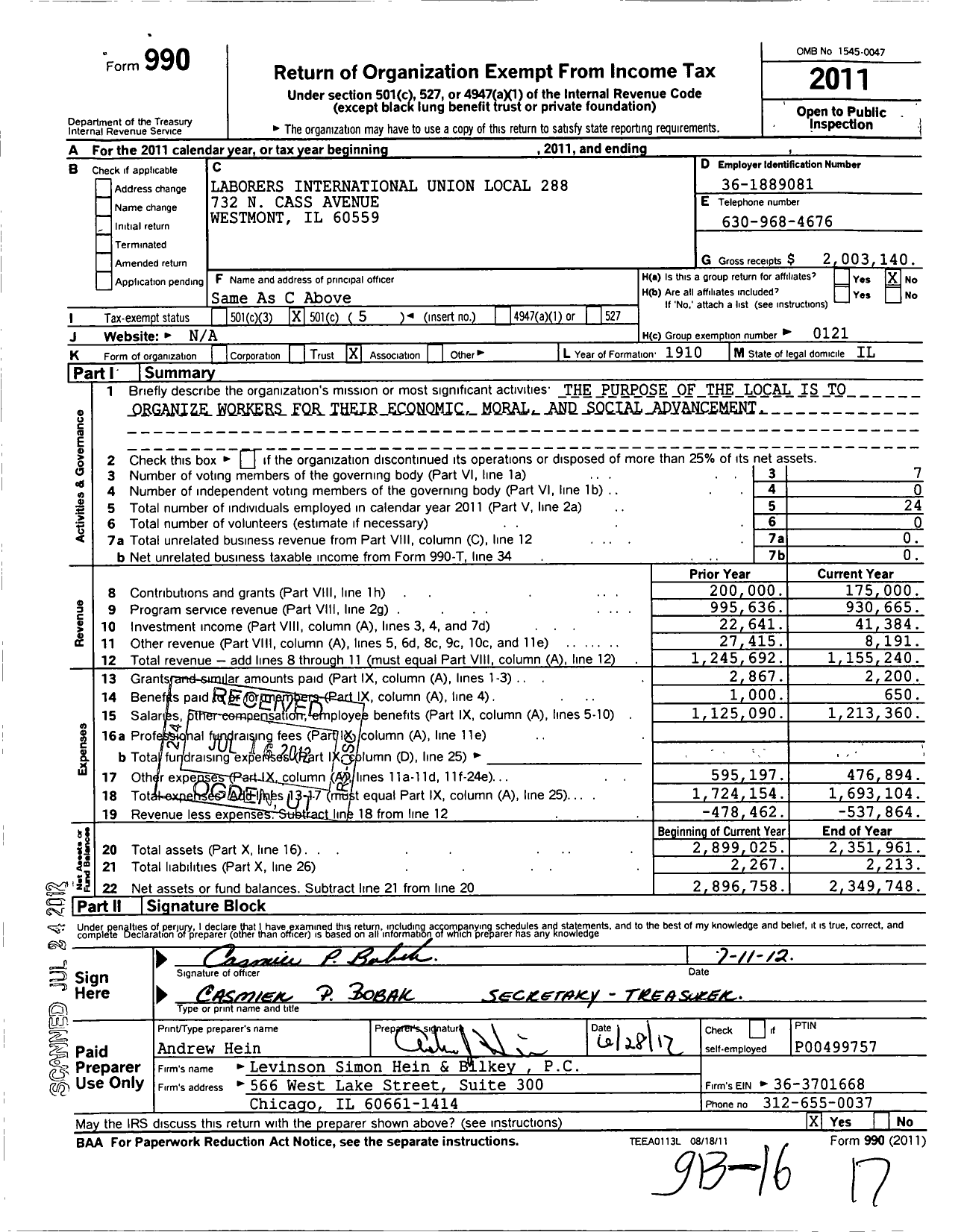 Image of first page of 2011 Form 990O for Laborers' International Union of North America - 288 Local Union
