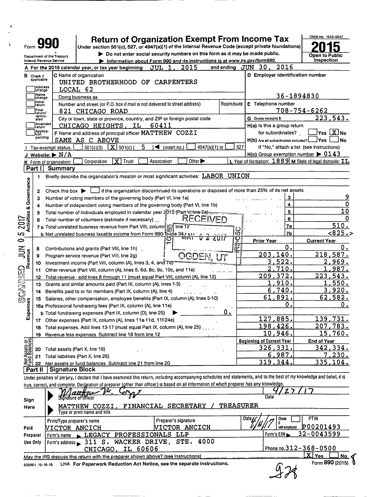 Image of first page of 2015 Form 990O for United Brotherhood of Carpenters & Joiners - 62 Local