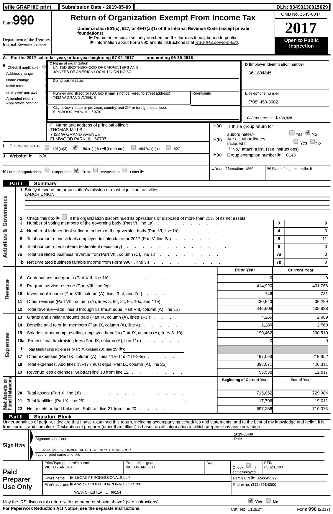 Image of first page of 2017 Form 990 for United Brotherhood of Carpenters & Joiners - 80 BCJ