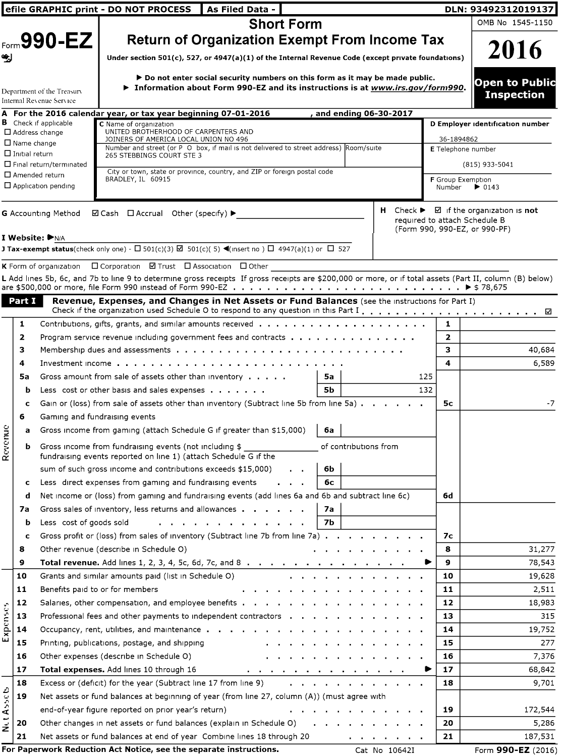 Image of first page of 2016 Form 990EO for United Brotherhood of Carpenters & Joiners - 496 BCJ