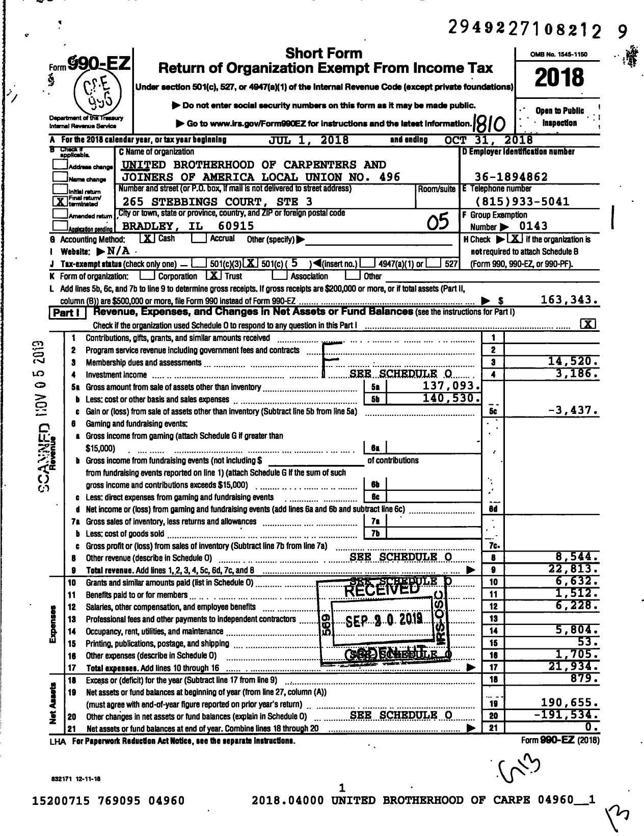 Image of first page of 2017 Form 990EO for United Brotherhood of Carpenters & Joiners - 496 BCJ