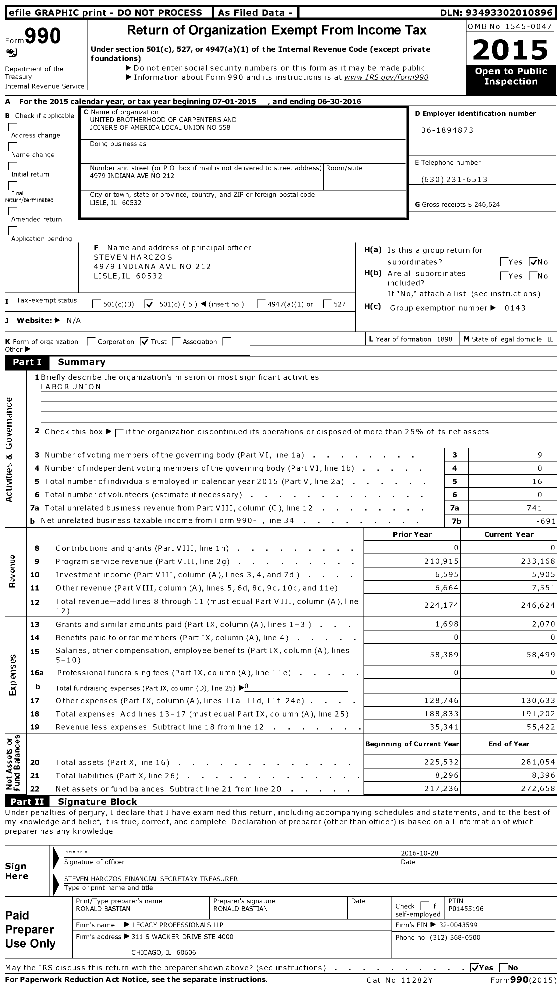 Image of first page of 2015 Form 990O for United Brotherhood of Carpenters & Joiners - 558 BCJ