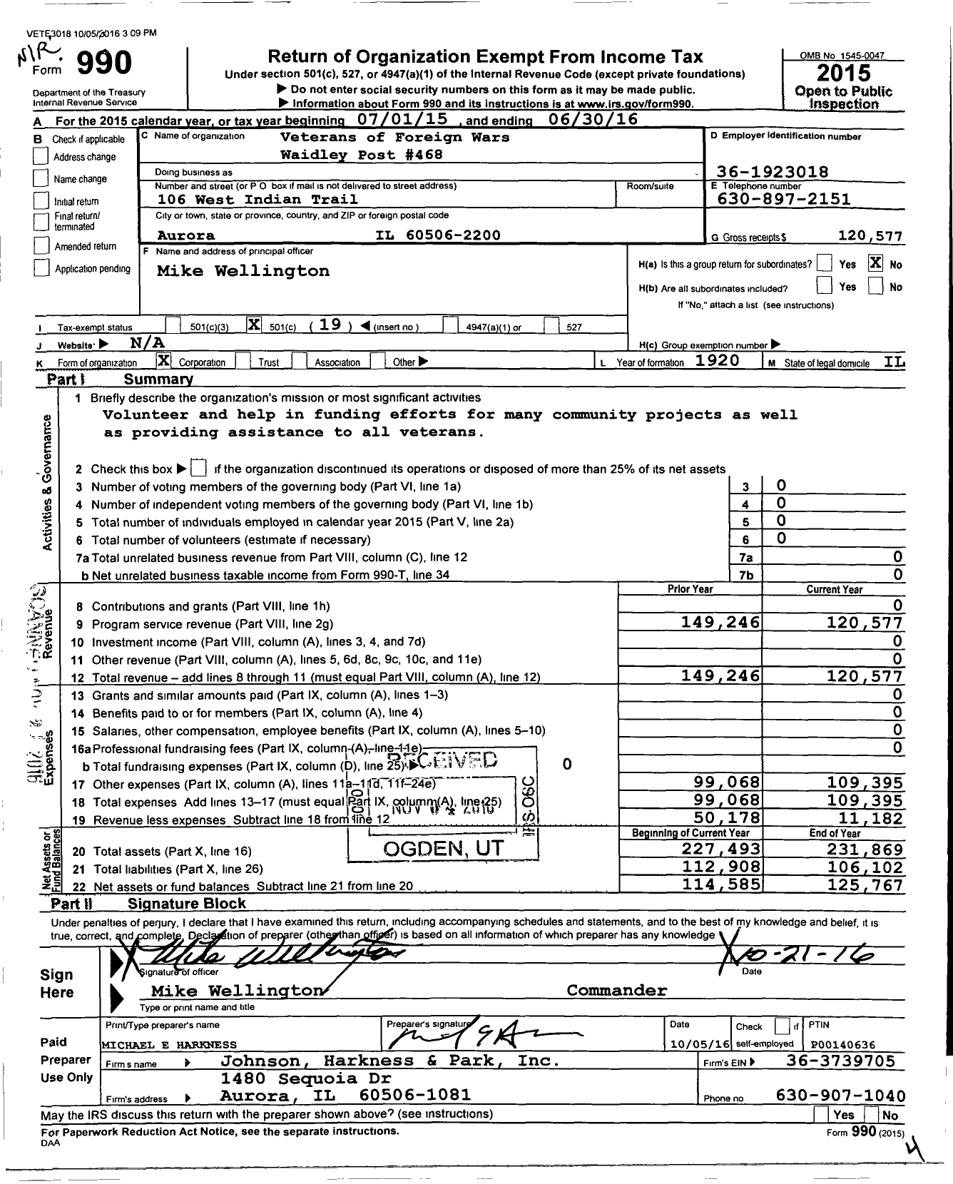 Image of first page of 2015 Form 990O for VFW Dept of Illinois - 468 Waidley Post