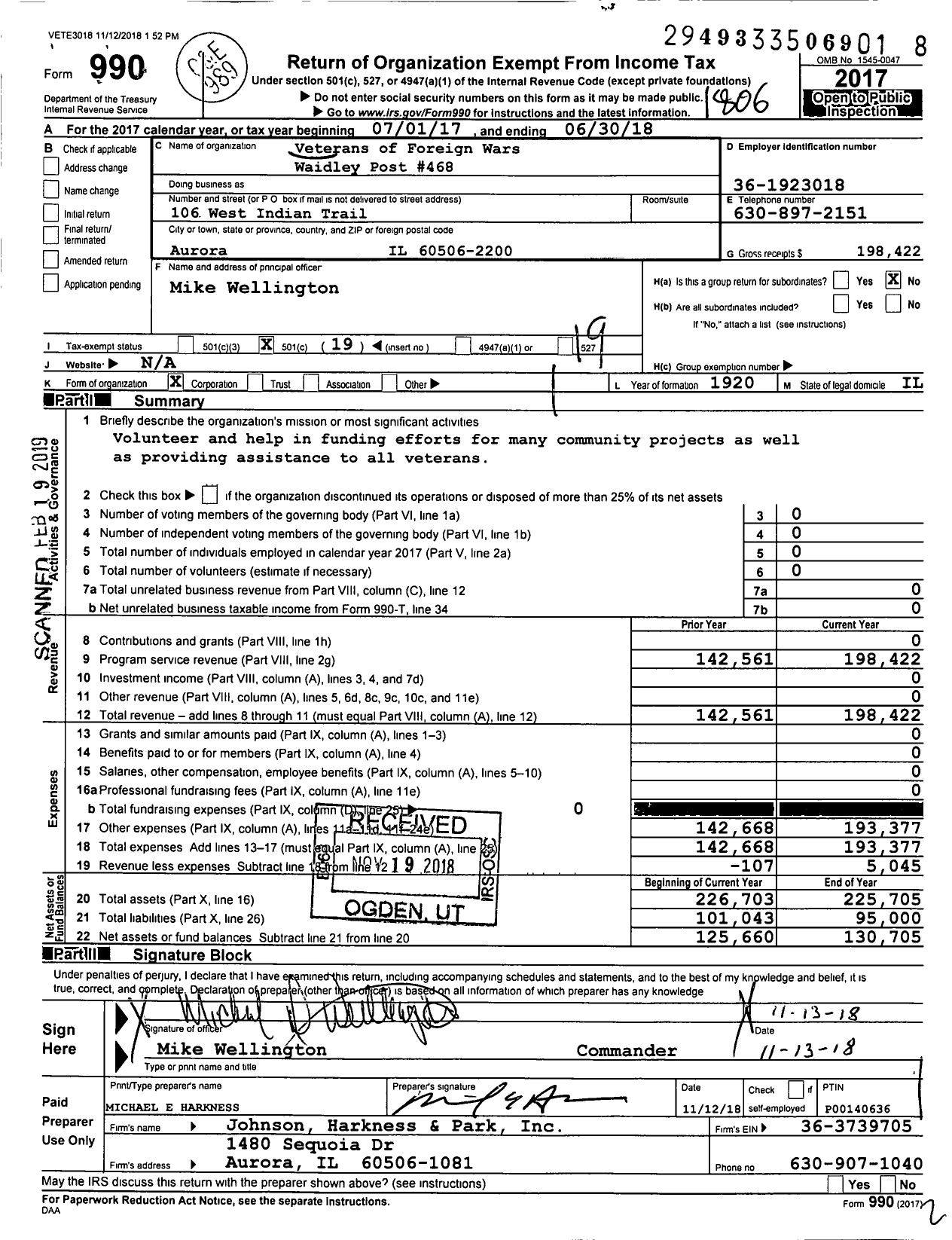 Image of first page of 2017 Form 990O for VFW Dept of Illinois - 468 Waidley Post