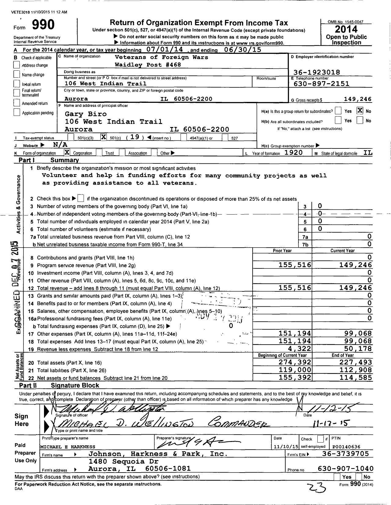 Image of first page of 2014 Form 990O for VFW Dept of Illinois - 468 Waidley Post