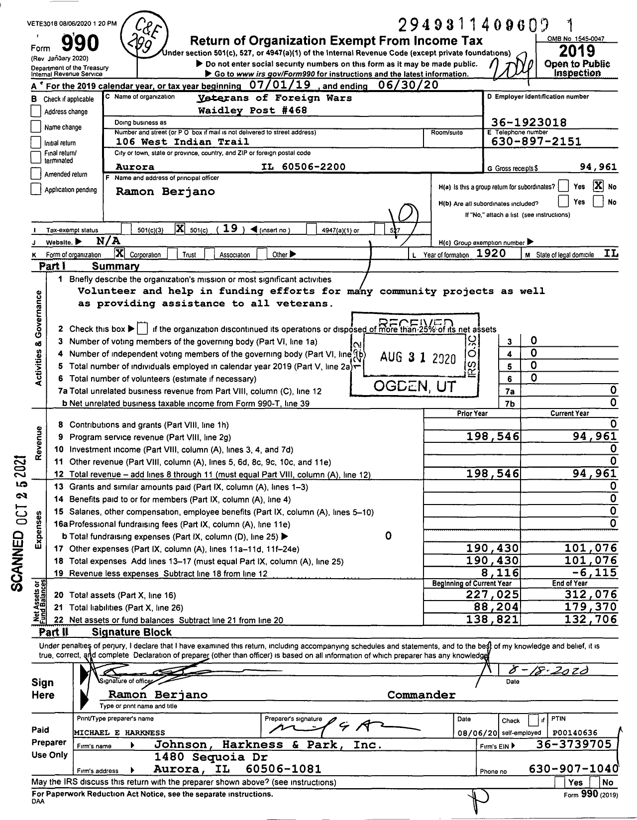 Image of first page of 2019 Form 990O for VFW Dept of Illinois - 468 Waidley Post