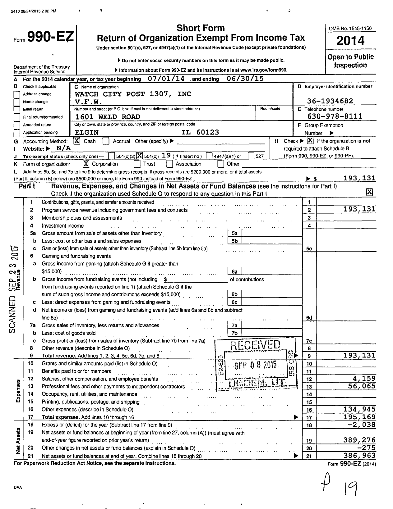 Image of first page of 2014 Form 990EO for VFW Dept of Illinois - Watch City Post 1307 Inc VFW