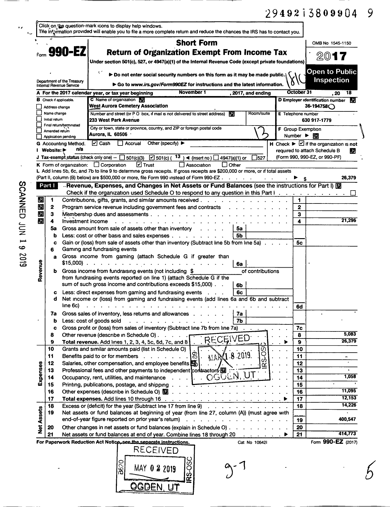 Image of first page of 2017 Form 990EO for West Aurora Cemetery Association