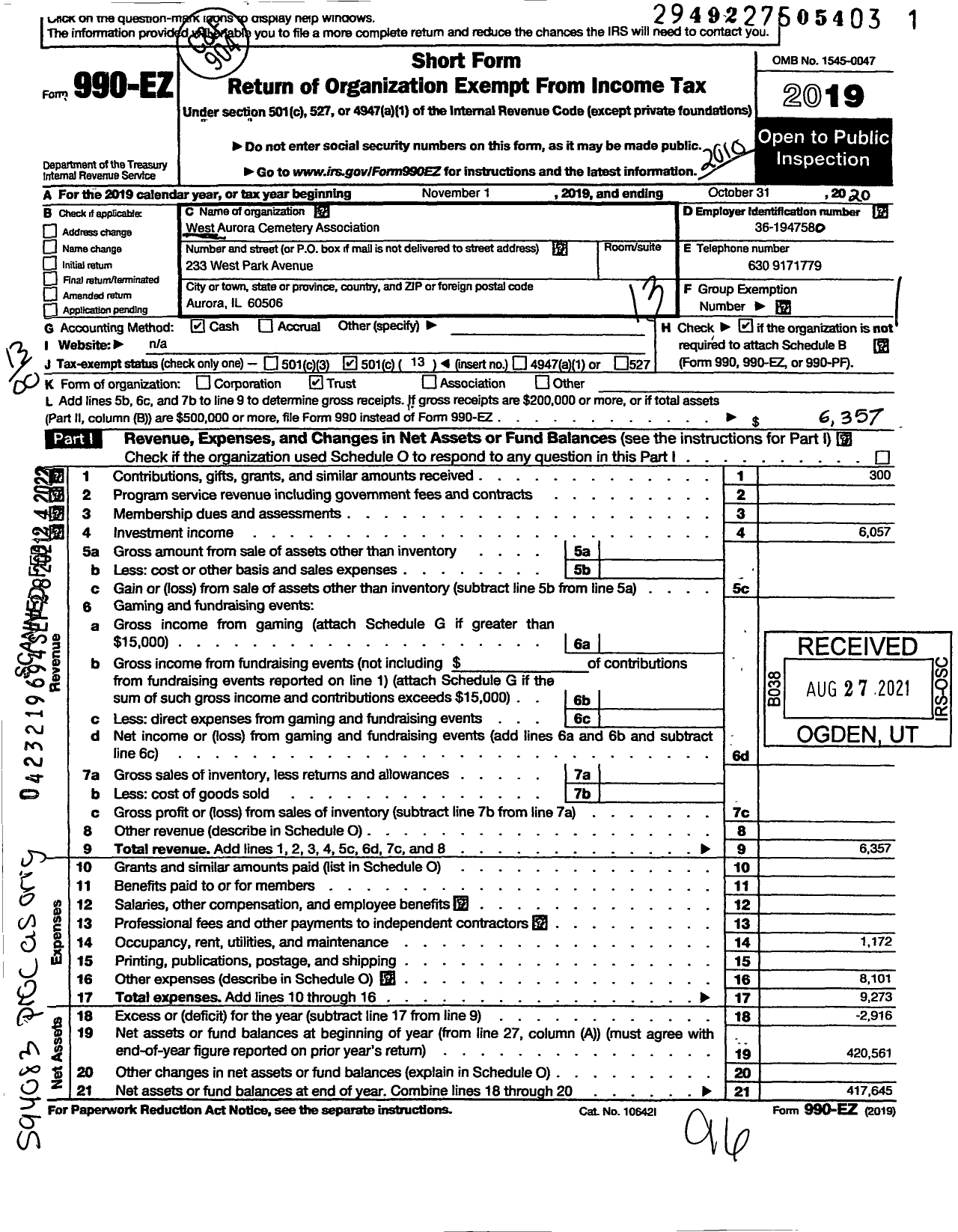 Image of first page of 2019 Form 990EO for West Aurora Cemetery Association