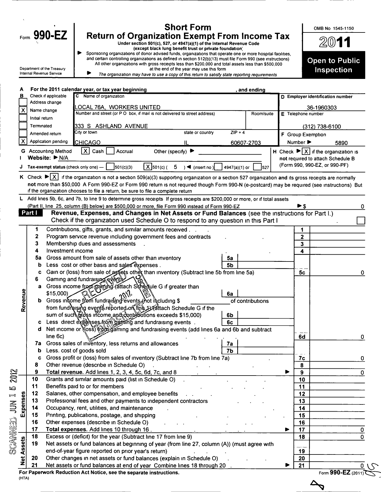 Image of first page of 2011 Form 990EO for Workers United - 76a Local