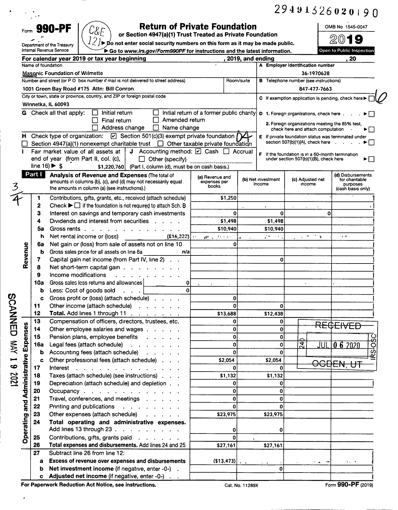 Image of first page of 2019 Form 990PF for Masonic Foundation of Wilmette