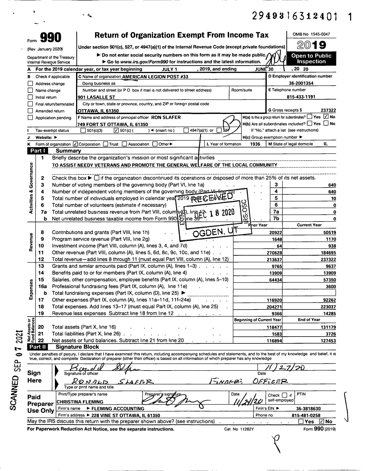 Image of first page of 2019 Form 990 for American Legion - 0033 Ottawa