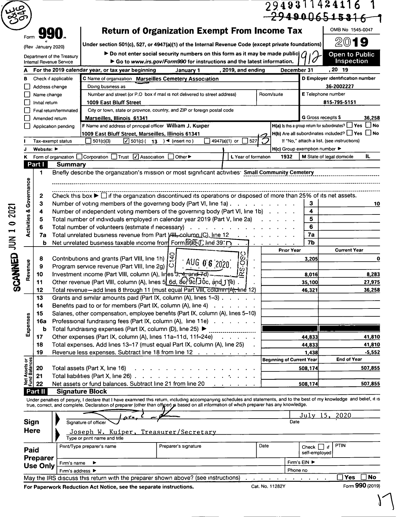 Image of first page of 2019 Form 990O for Marseilles Cemetery Association