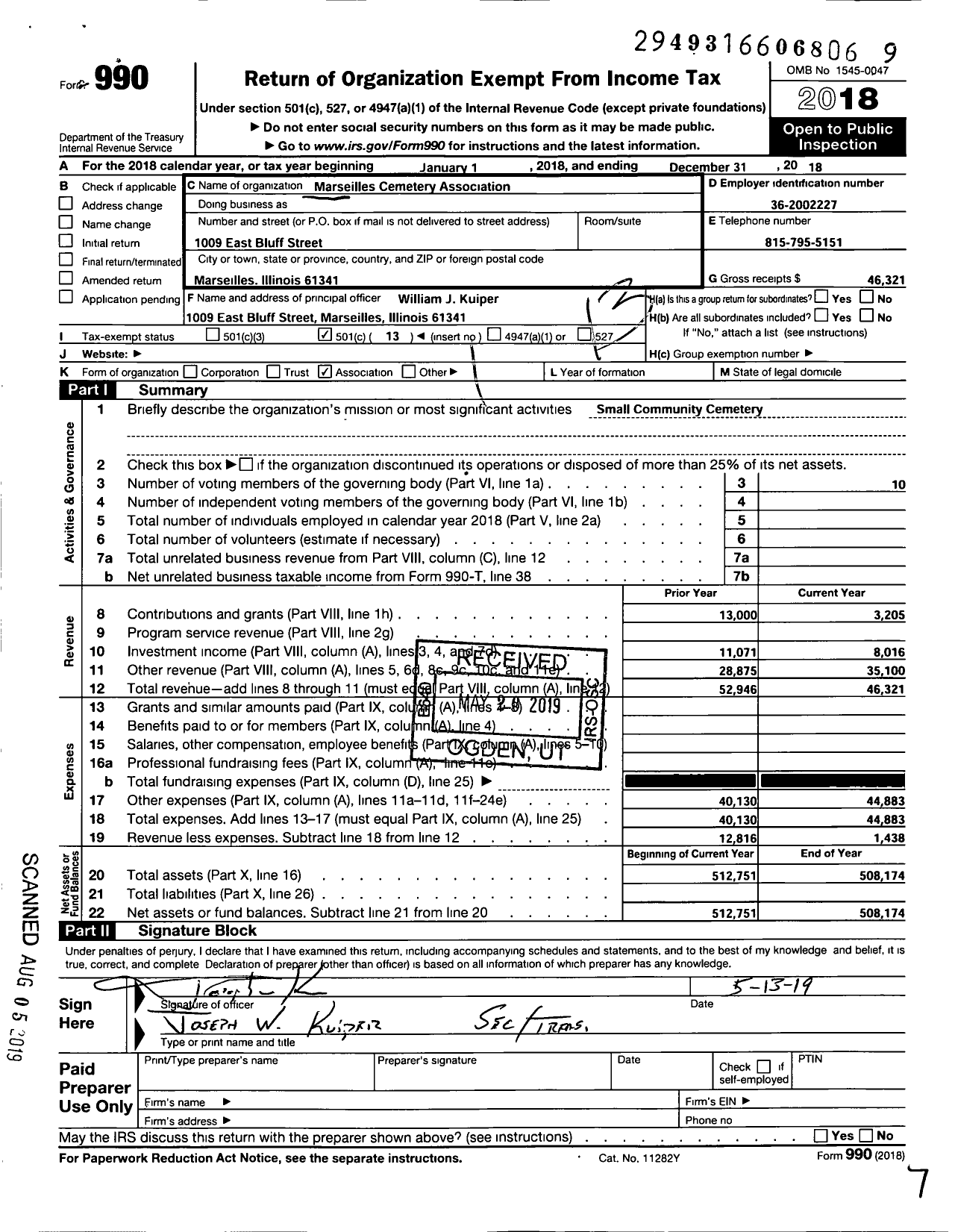 Image of first page of 2018 Form 990O for Marseilles Cemetery Association