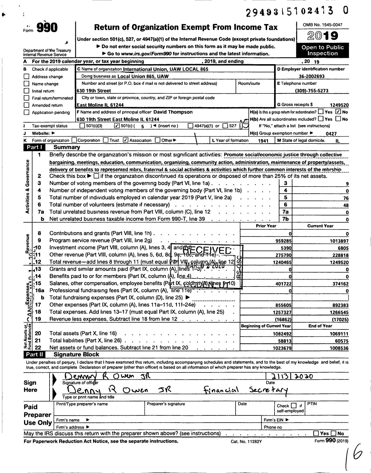 Image of first page of 2019 Form 990O for UAW - Local Union 865 UAW