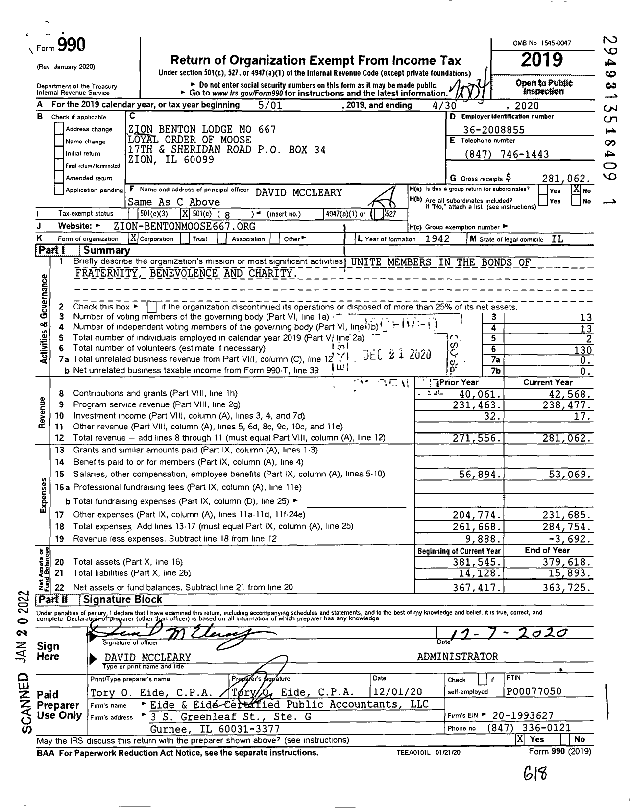 Image of first page of 2019 Form 990O for Zion Benton Lodge No 667 Loyal Order of Moose