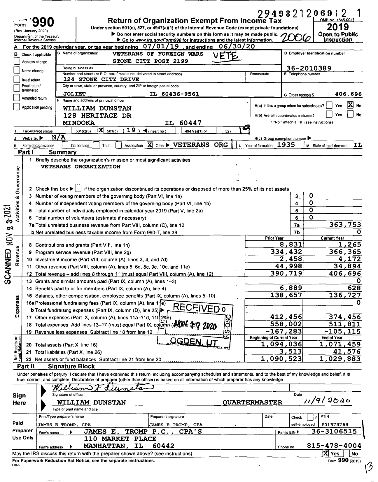 Image of first page of 2019 Form 990O for VFW Dept of Illinois - 2199 Stone City Post