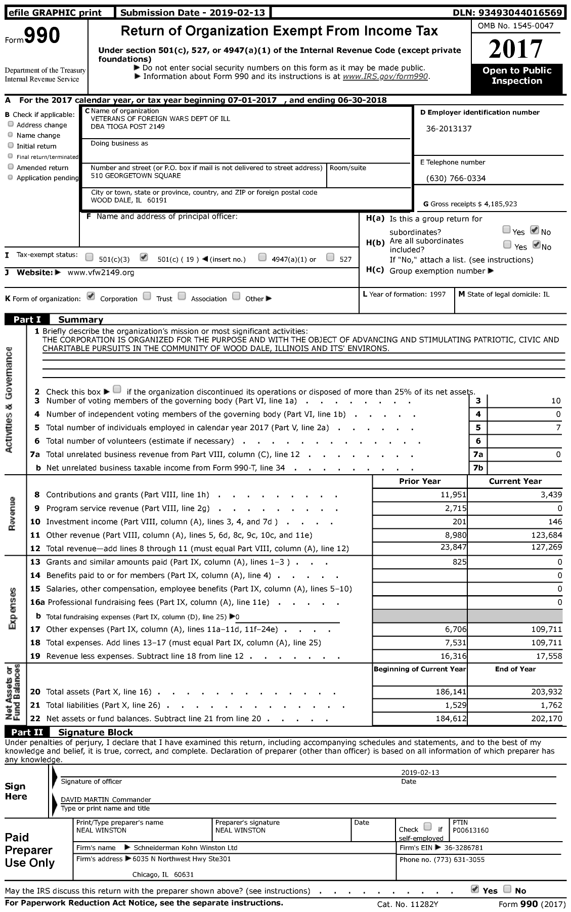 Image of first page of 2017 Form 990 for VFW Dept of Illinois - 2149 Tioga Post