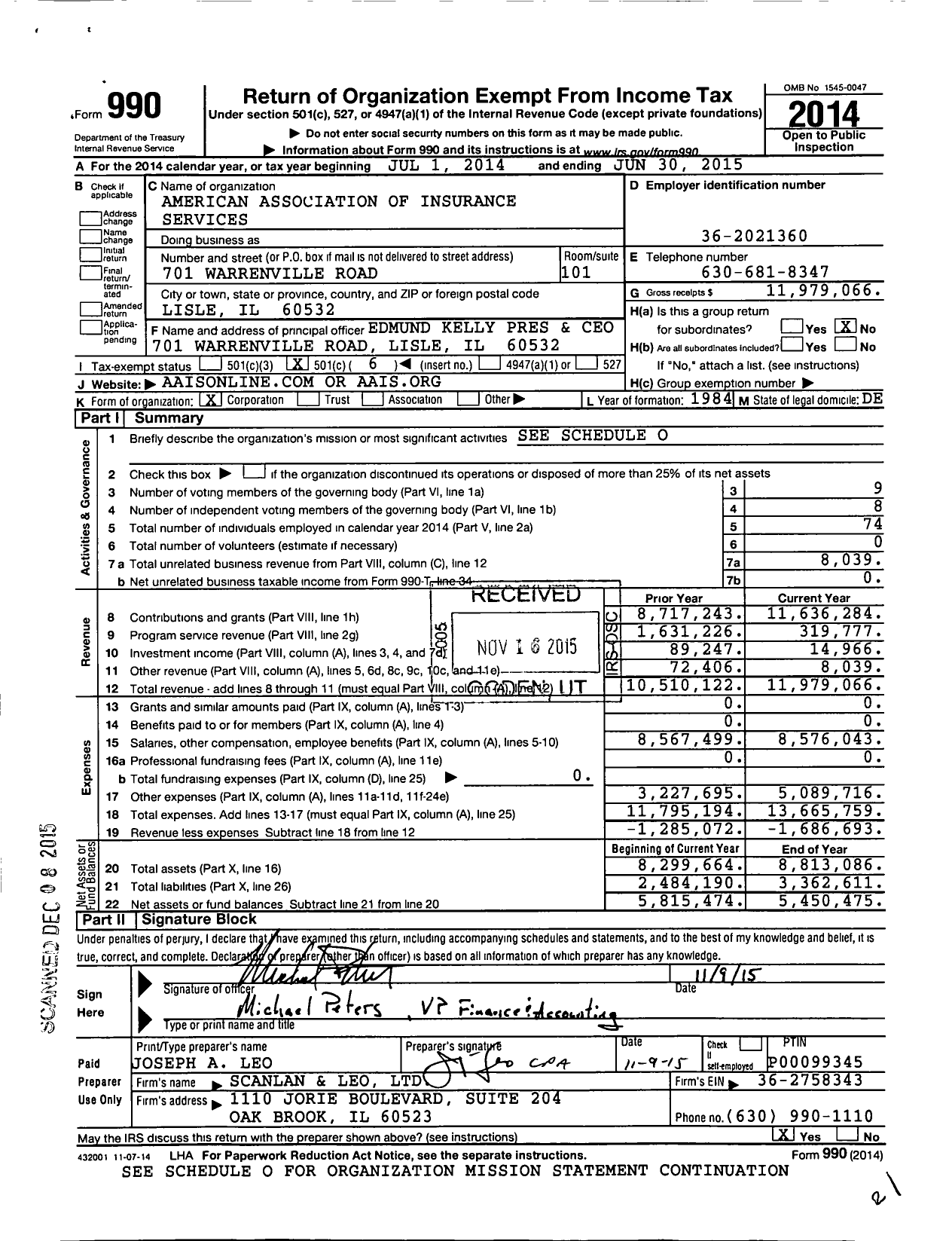 Image of first page of 2014 Form 990O for American Association of Insurance Services