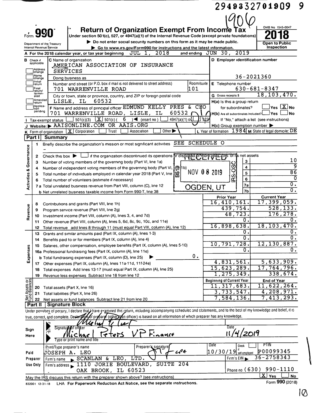 Image of first page of 2018 Form 990O for American Association of Insurance Services